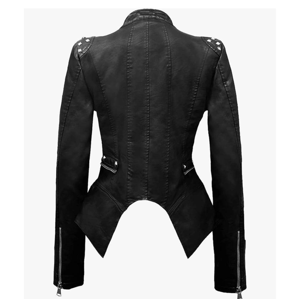 Olivia Miller Womens Black Faux Leather Studded Biker Moto Jacket XL New - Picture 3 of 15